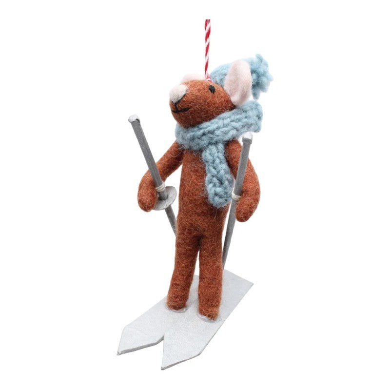 Skiing Mouse With Blue Hat And Scarf Felt Ornament