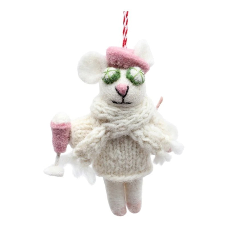 Chic White Mouse With Beret And Champagne Felt Ornament