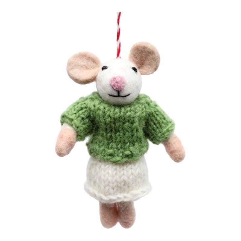 White Mouse In Green Sweater Skirt Felt Ornament