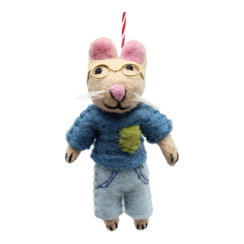 Bespectacled Cat In Blue Shirt And Shorts Felt Ornament