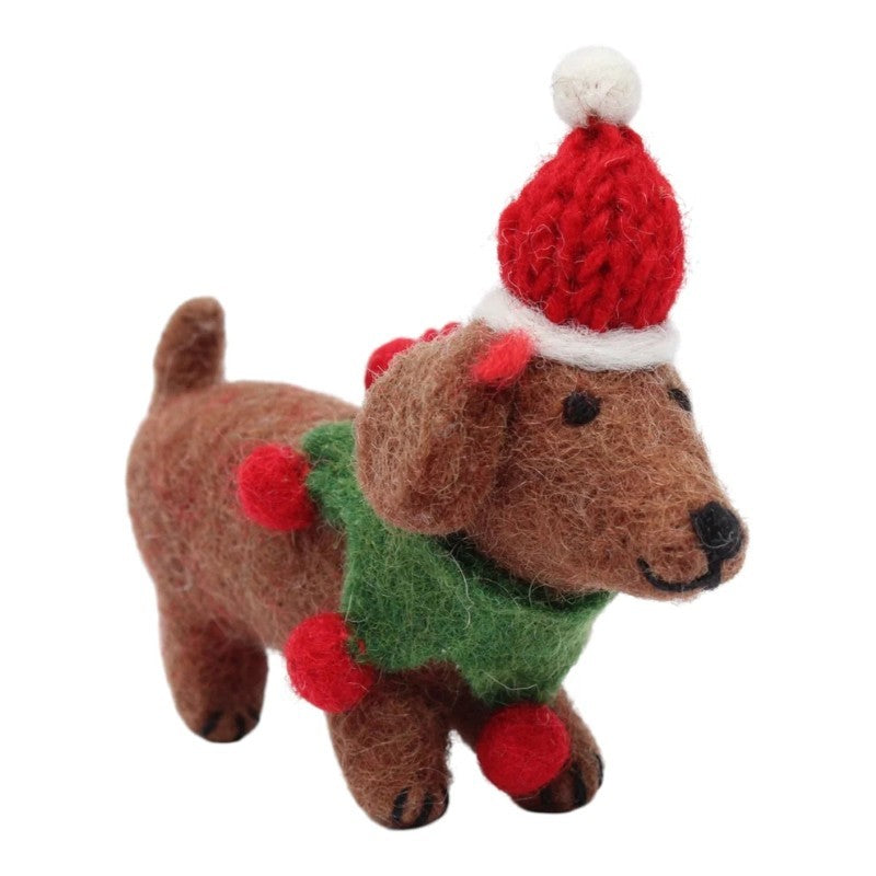 Dachshund Wearing Santa Hat And Green Scarf Felt Ornament