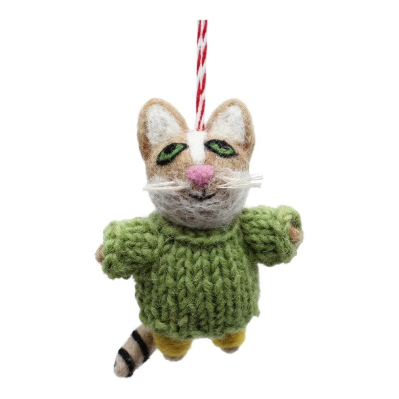 Cat Wearing Chunky Green Sweater Felt Ornament