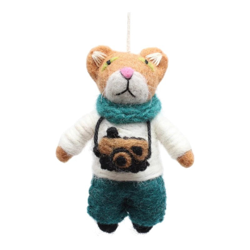 Camera Cat In Teal Pants And Scarf Felt Ornament