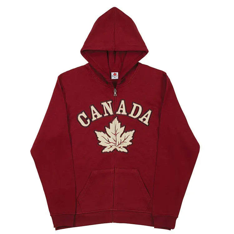 Burgundy Maple Leaf Zip Sweater