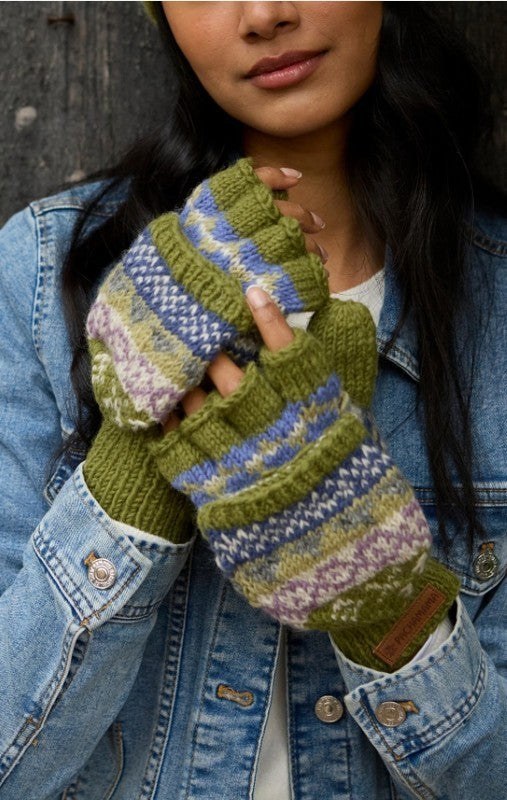 Fair Isle Olive Fingerless Gloves