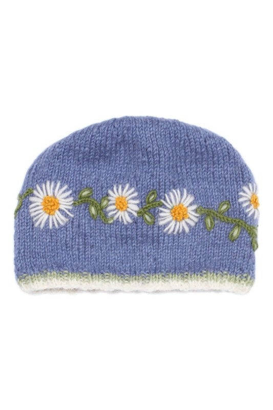 Daisy Chain Blue Fleece-Lined Wool Beanie Hat