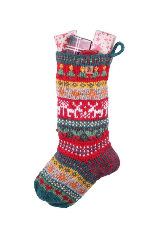 Reindeer Fair Isle Knit Stocking - Festive Red