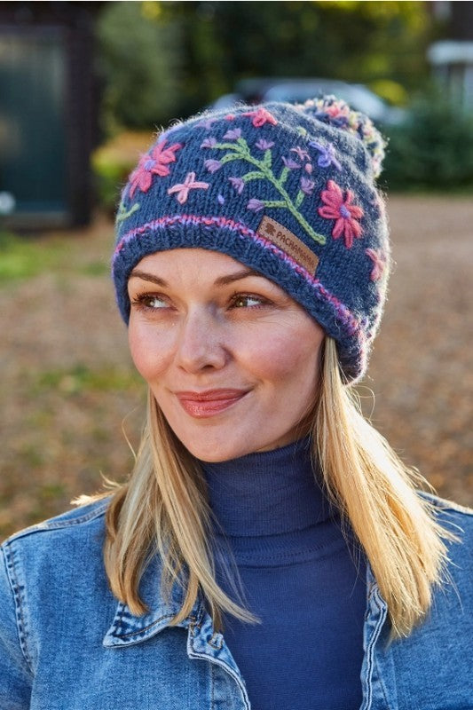 Hampton Court Embroidered Flower Wool Bobble Hat