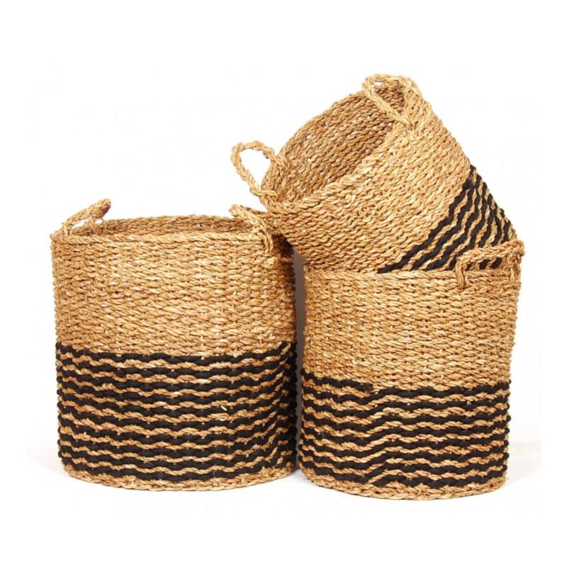Natural & Black Striped Basket, Round
