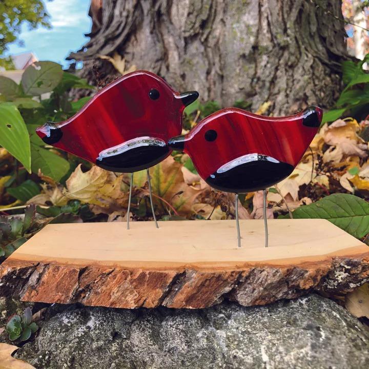 Red & Black Bird Duo On Wood Base 